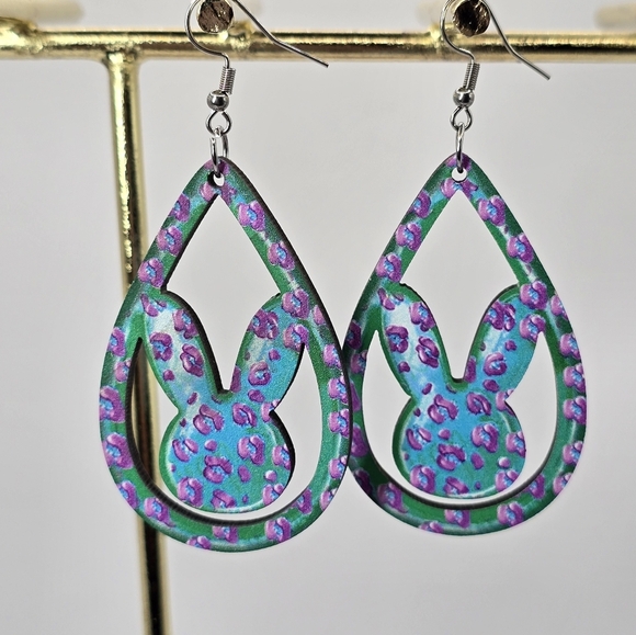Wood Purple & Blue Teardrop Bunny Earrings - Picture 4 of 4